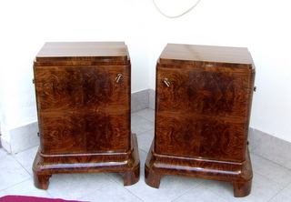 Art deco burl walnut bedside cabinets.
